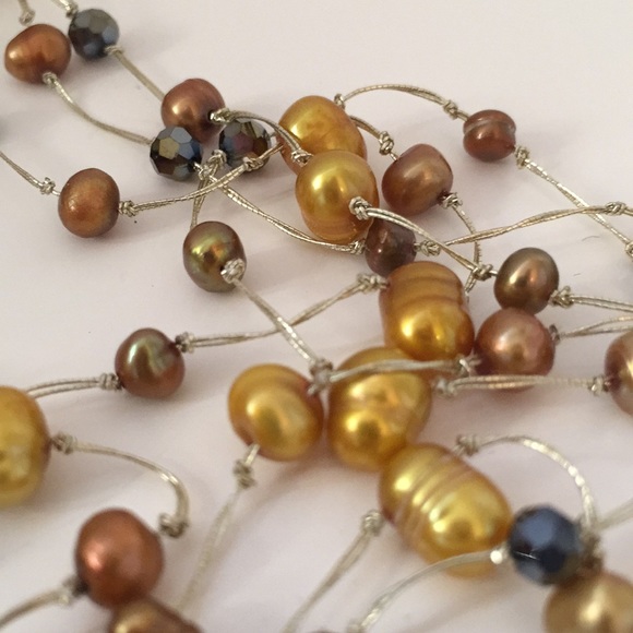Freshwater pearl 3-strand necklace, brown and gold - Picture 2 of 3